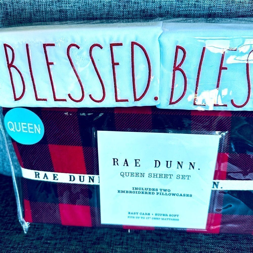 Rae Dunn Holiday Red Plaid Blessed Queen Bed Sheets Set
